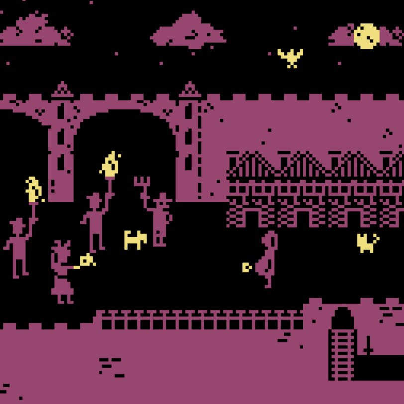 A pixel art image showing a pregnant women passing through a town at night. She faces an angry mob holding flaming torches.
