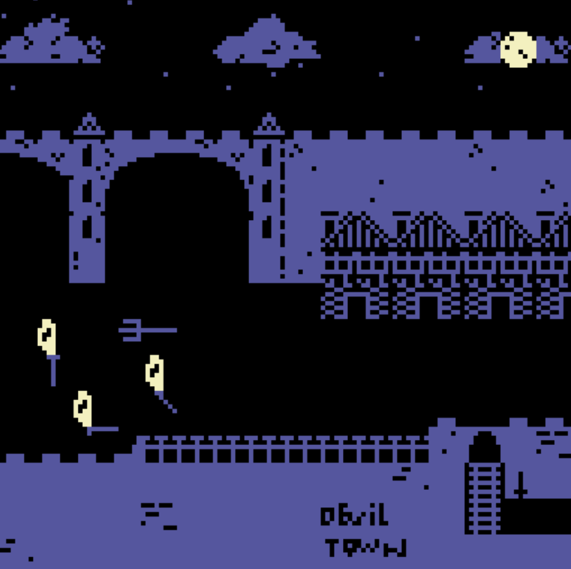 A second pixel art image showing the same town in the dead of night. The flaming torches are still there, but the people have disappeared. On the wall someone has etched the words: devil town.