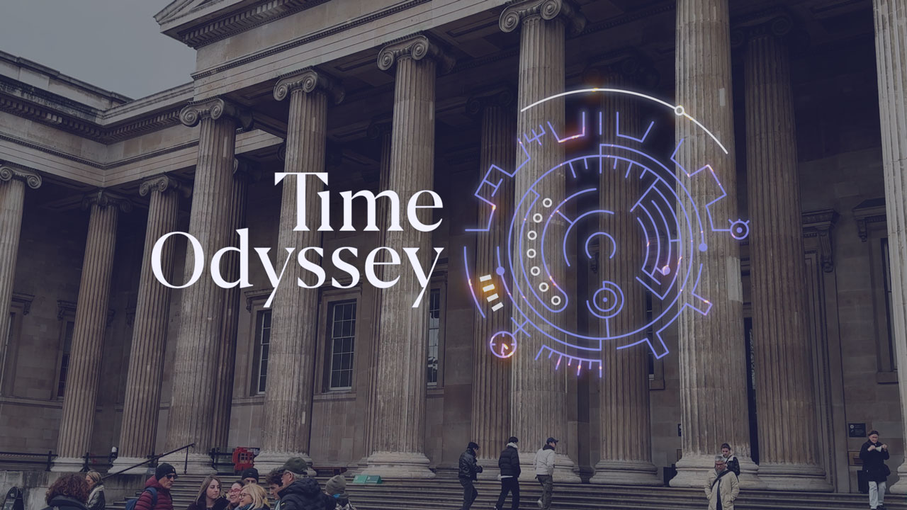 Time Odyssey game promo image with the title laid over a photo of the British Museum