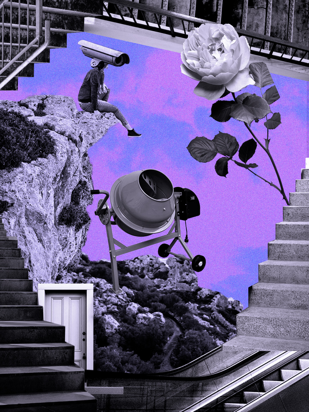 A collage made by Michelle Collier and Vicky Clarke for the To Lie Within Another prototype. The collage is grayscale with a punch of purple, and shows stairs going in multiple directions, a door, a cement mixer, a rose and a person with CCTV in place of a head.