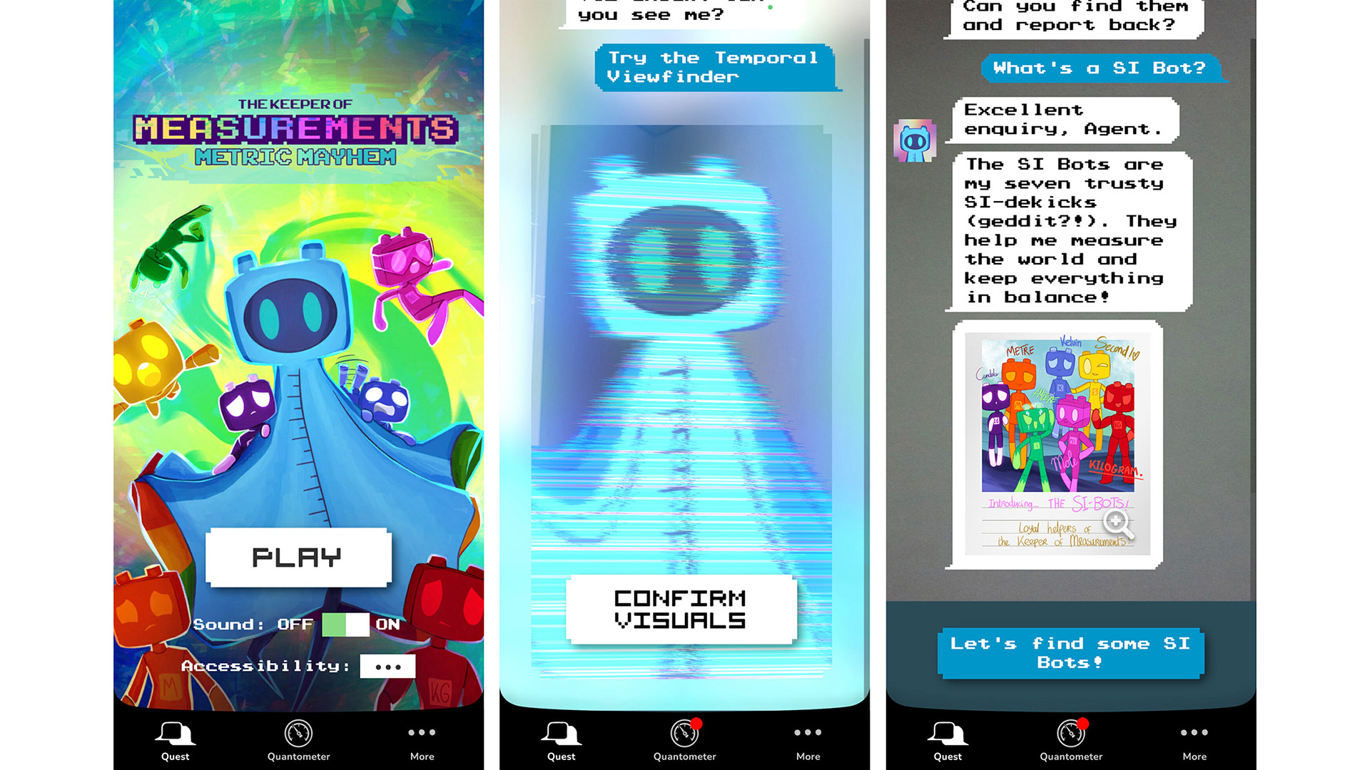 Screenshots from the Keeper of Measurements game, including character conversations.