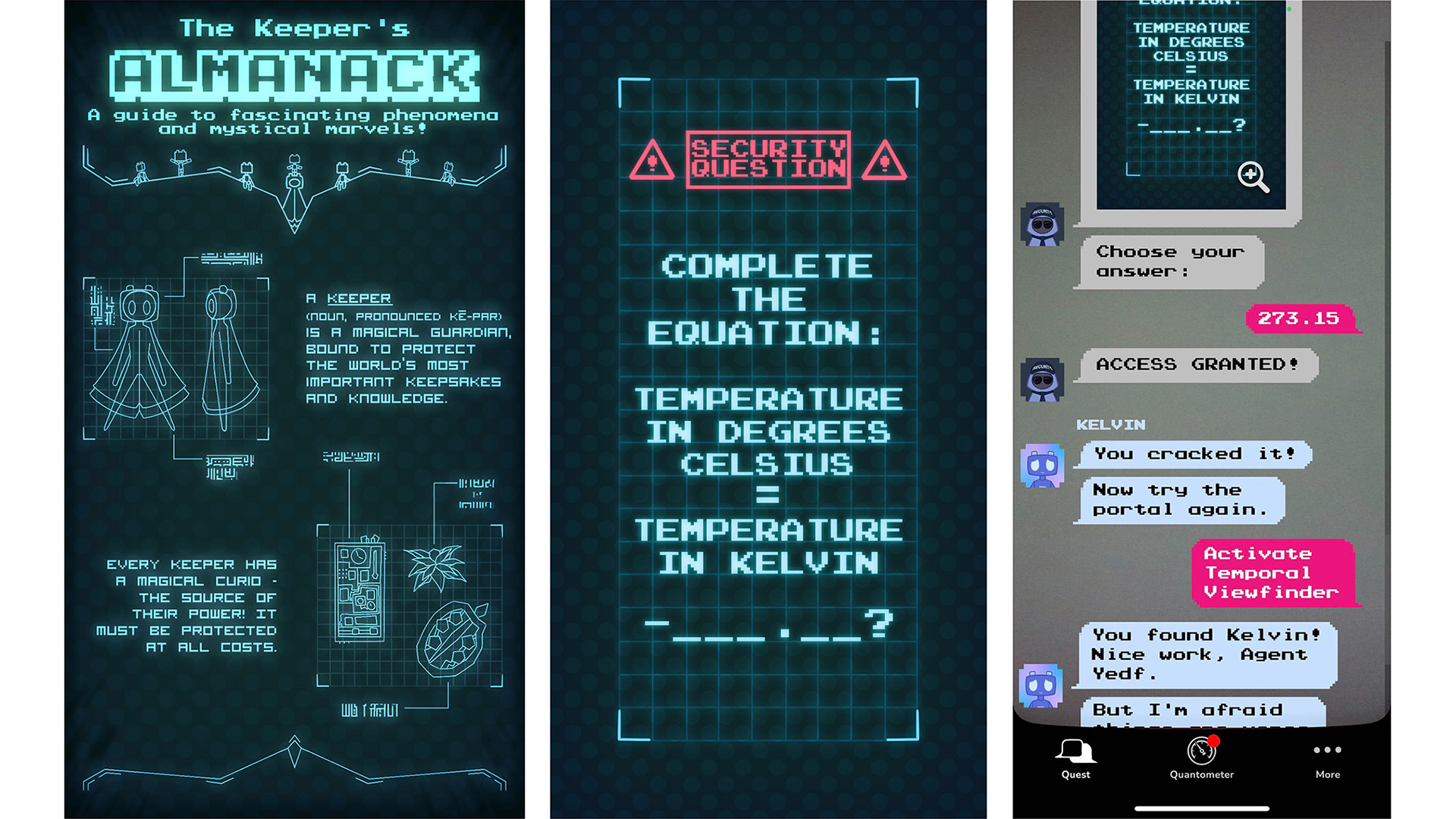 Screenshots from the Keeper of Measurements game, including character conversations.