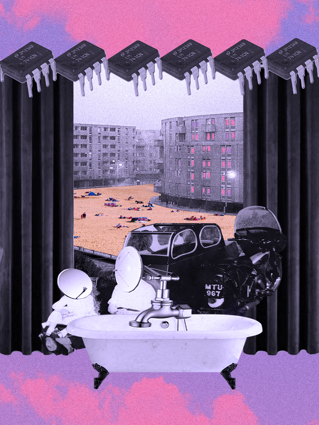 A collage made by Vicky Clarke for the To Lie Within Another prototype. The collage is grayscale with a punch of pink and purple, and shows  theatre curtains opening onto Hulme Crescent, with a beach instead of urban landscaping. In front is an old fashioned car, two people with satellites for heads, and an empty bath.